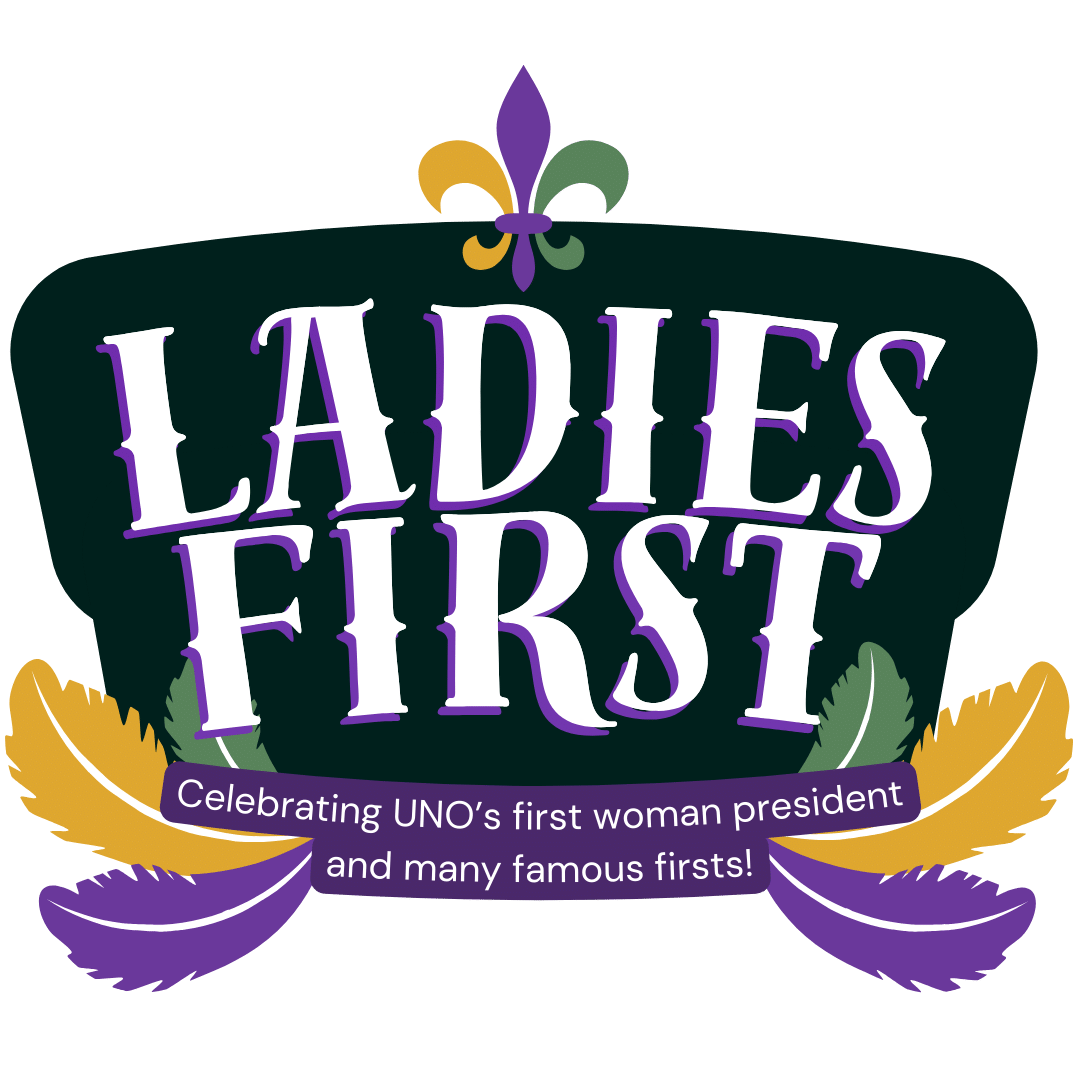 "Ladies First" parade logo surrounded by purple, green, and gold feathers