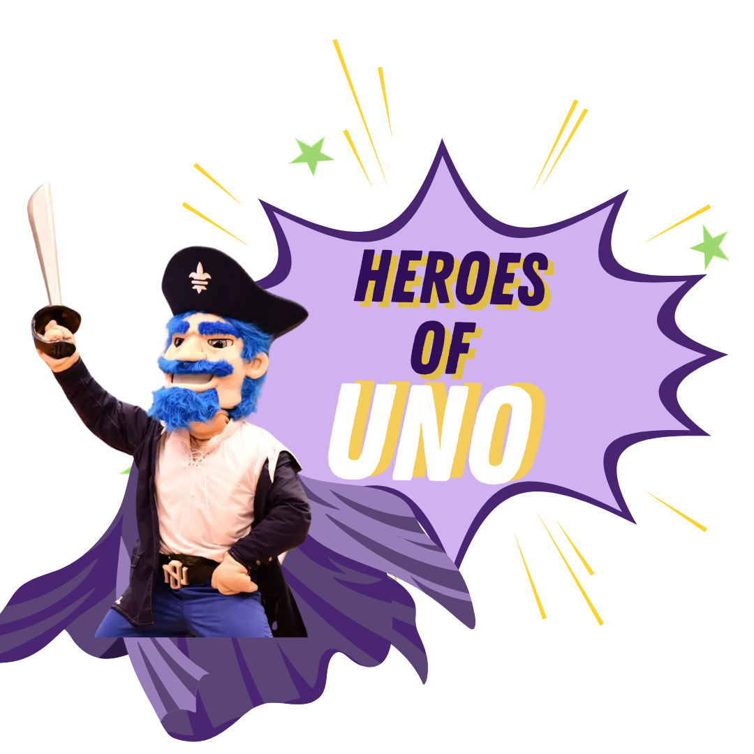 "Heroes of UNO" logo with Bruno in a heroic pose