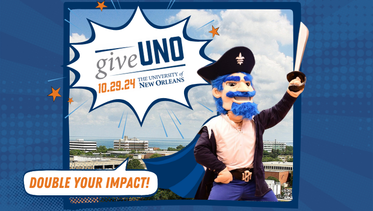 The image promotes GiveUNO Day on October 29, 2024, at the University of New Orleans. Captain BrUNO, the UNO mascot dressed as a pirate with a raised sword, stands in front of the campus. Above him, bold text reads: "giveUNO 10.29.24 The University of New Orleans." A bubble in the lower left says: "Double Your Impact!" The design is blue and orange with a vibrant, celebratory feel.