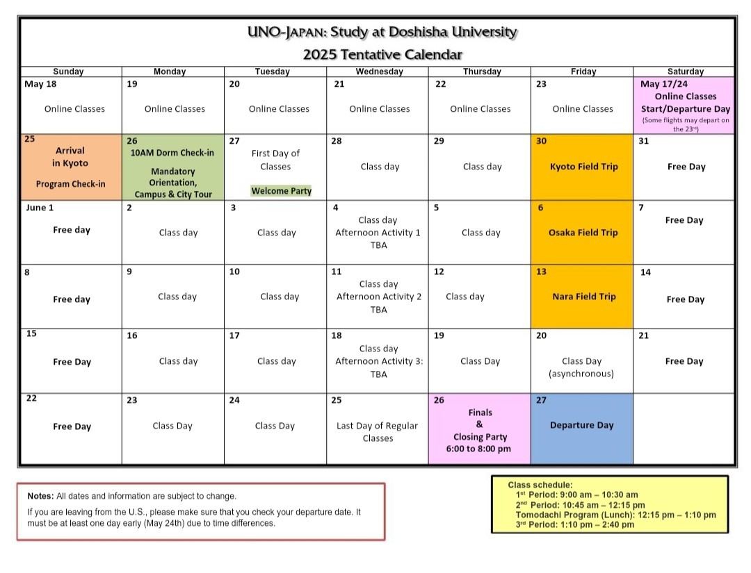 UNO-Japan 2025 Program Calendar