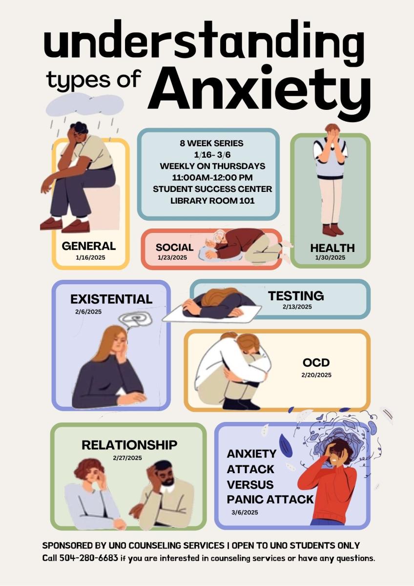 Anxiety Counseling Group: 8 week series 1/16-3/6 weekly on Thursdays 11-12pm Student Success Center Library room 101