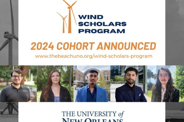 (from left) Daniel Nagel, Elizabeth Rupright, Issac Varghese, Aviral Kandel and Otis Taylor are the 2024 Wind Scholars.