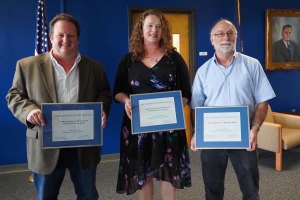 The recipients of the Faculty Excellence Awards were l-r: John Horne, professor of professional practice; Andrea Mosterman, associate professor of history and Jerome Howard, associate professor of biology.