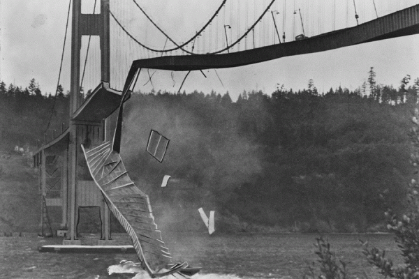 The Tacoma Narrows Bridge collapse in Washington was the result of vortex induced vibrations (VIV) and researchers say VIV can be converted into useable energy. (Library of Congress photograph)
