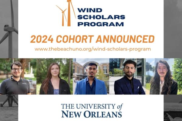 (from left) Daniel Nagel, Elizabeth Rupright, Issac Varghese, Aviral Kandel and Otis Taylor are the 2024 Wind Scholars.